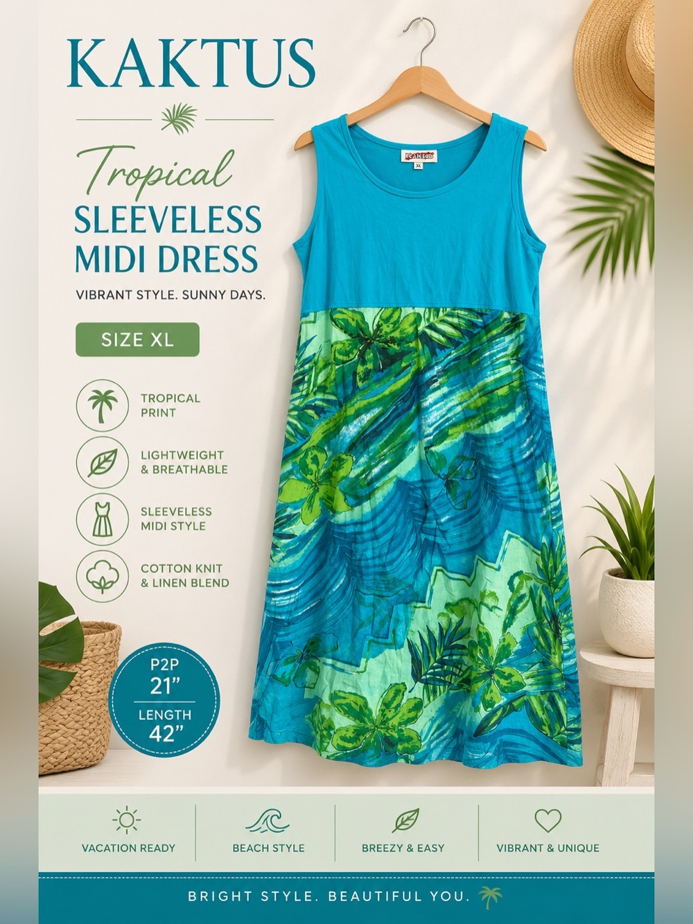 Kaktus Tropical Print Sleeveless Midi Dress Blue Green Linen Blend XL
